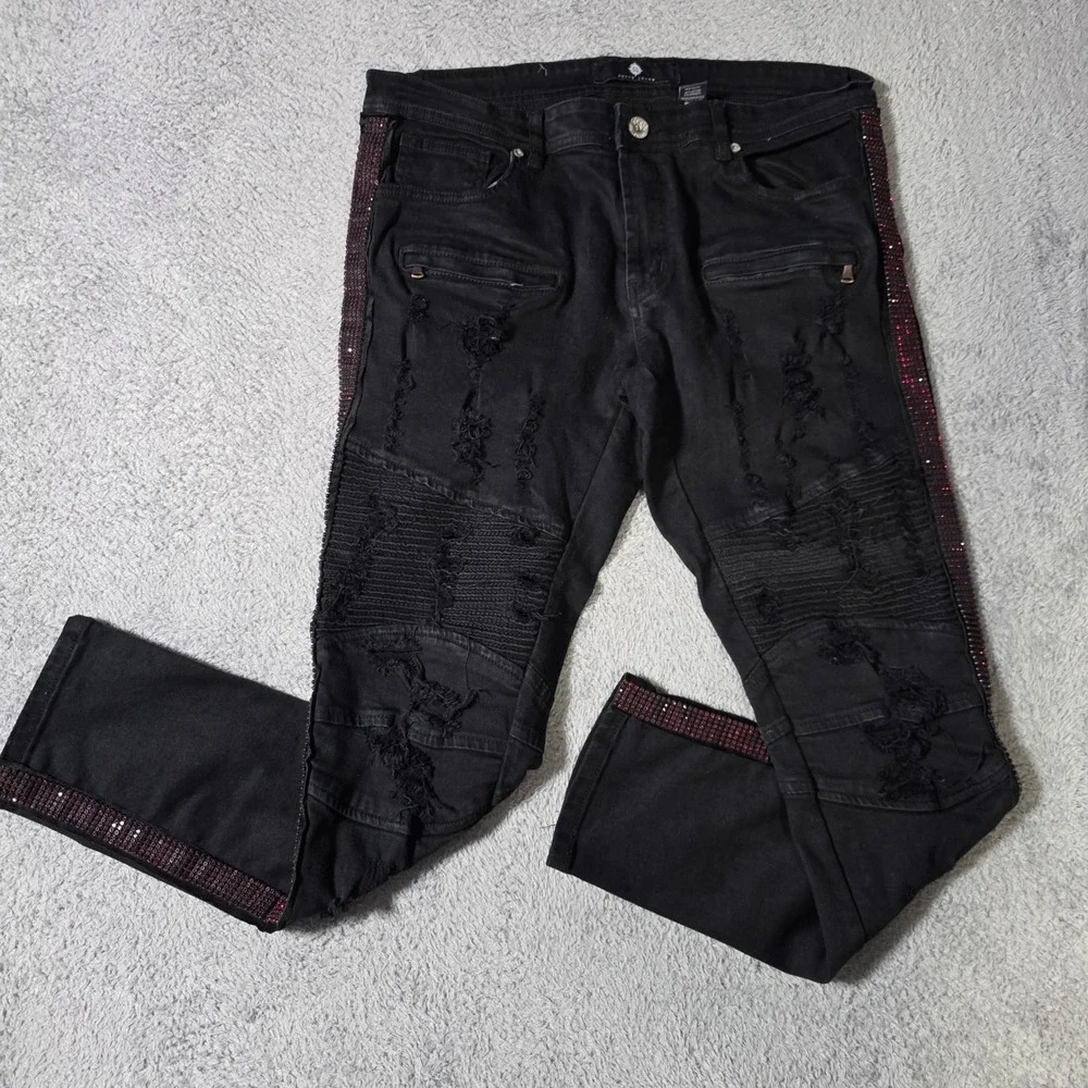 Focus Jeans Mens 36x32 Moto Denim Black Distressed Red Rhinestone Side Stripe